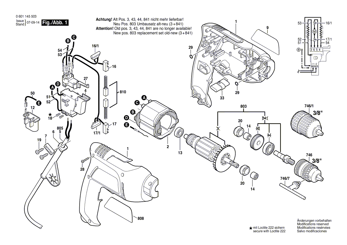 для дрели Bosch GBM 6 RE 230 V 0601145503, деталировка 1