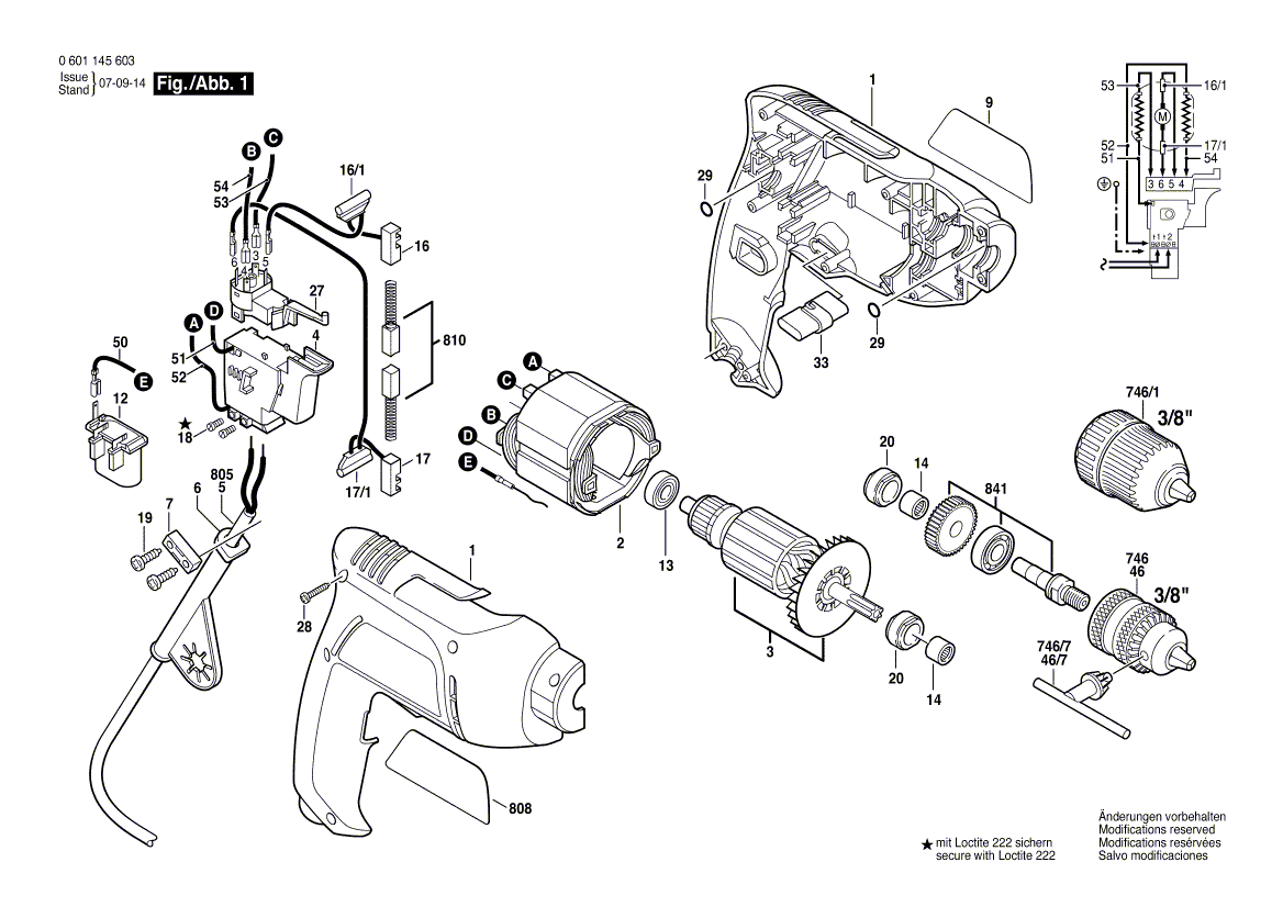 для дрели Bosch GBM 6 RE 230 V 0601145603, деталировка 1