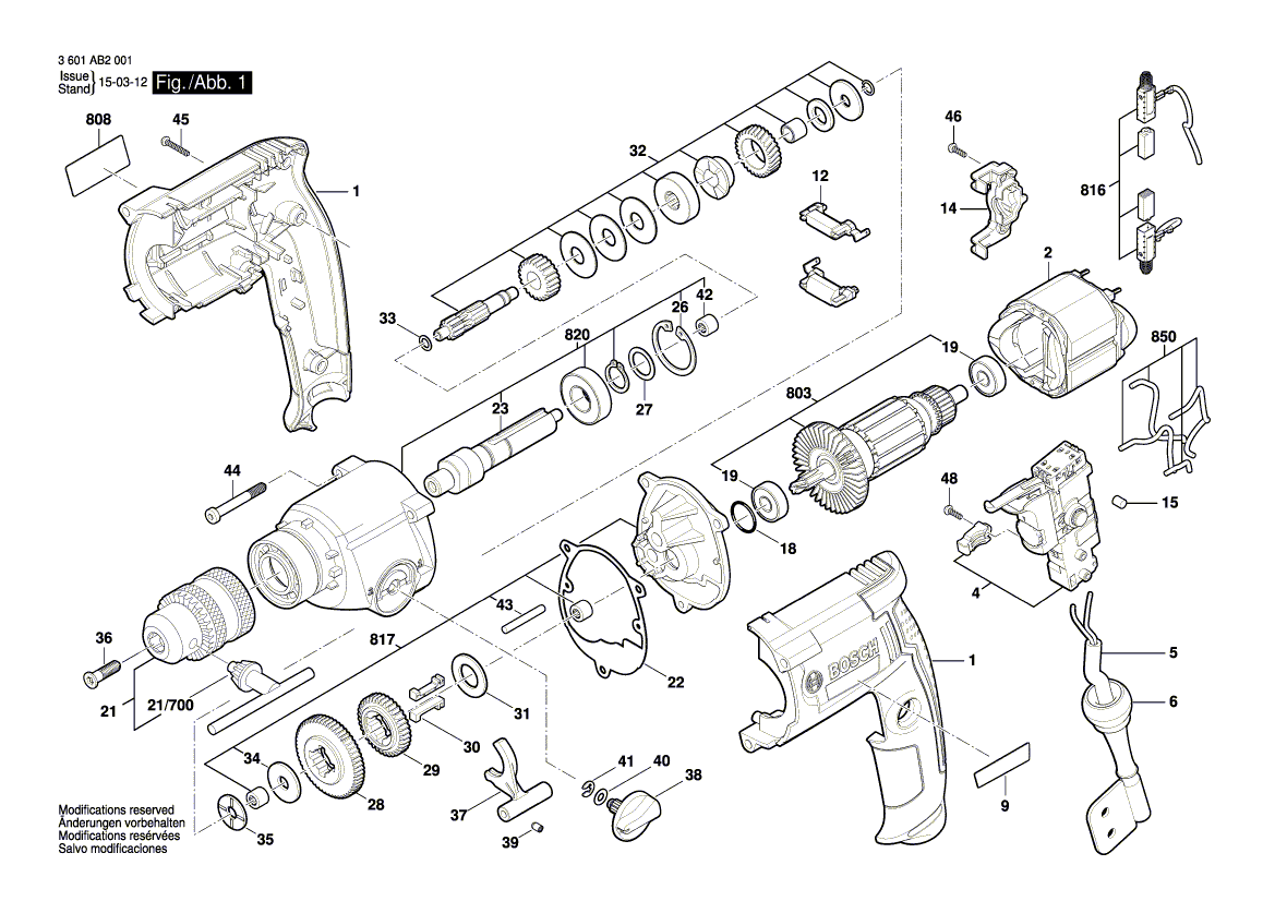 для дрели Bosch GBM13-2 RE 230 V 3601AB2001, деталировка 1