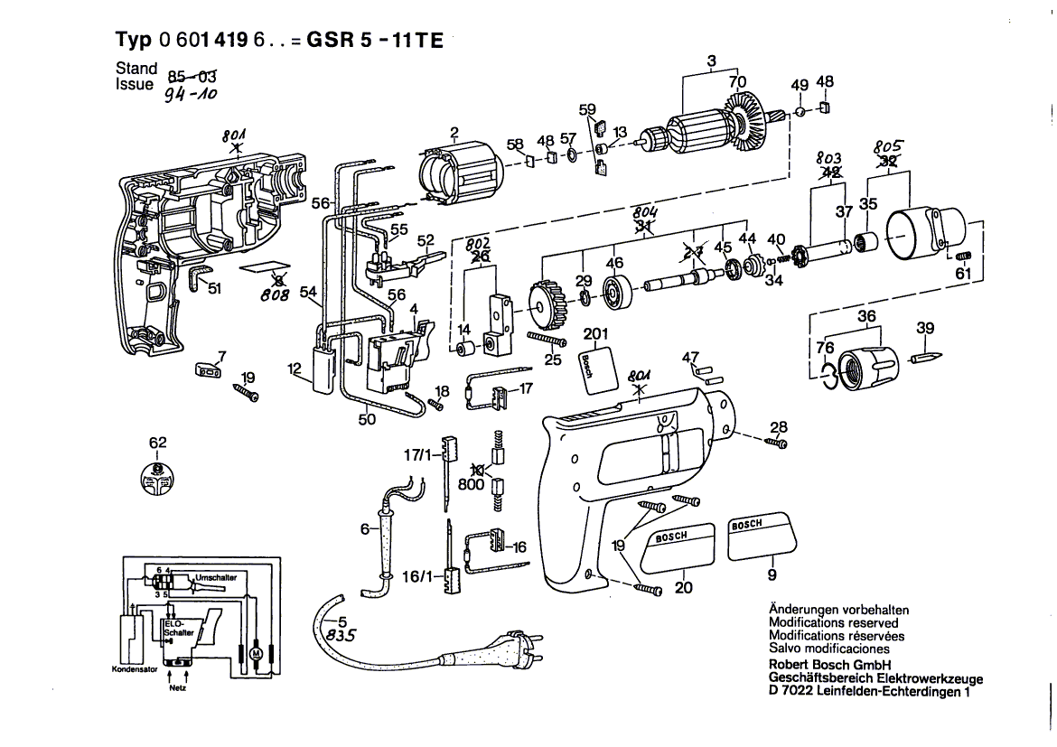 для дрели-шуруповерта Bosch GSR 5-11 TE 220 V 0601419603, деталировка 1