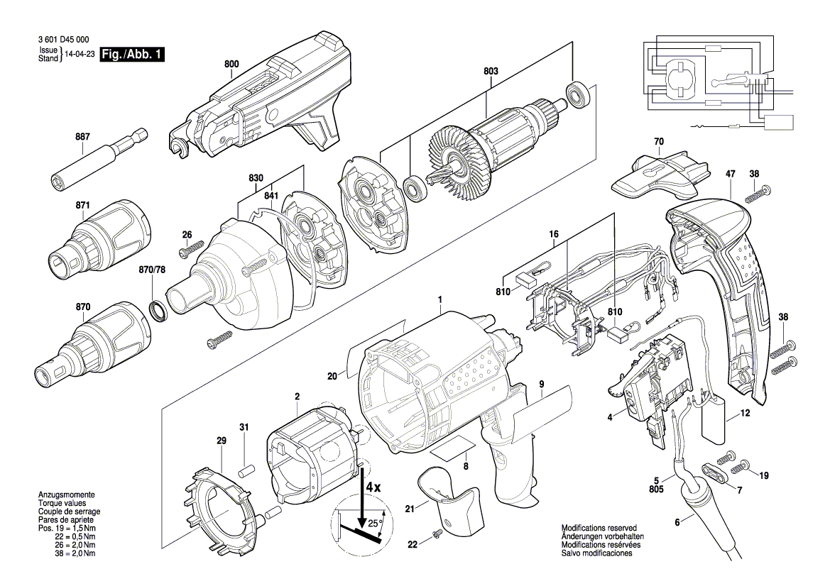 для дрели-шуруповерта Bosch GSR 6-25 TE 230 V 3601D45000, деталировка 1