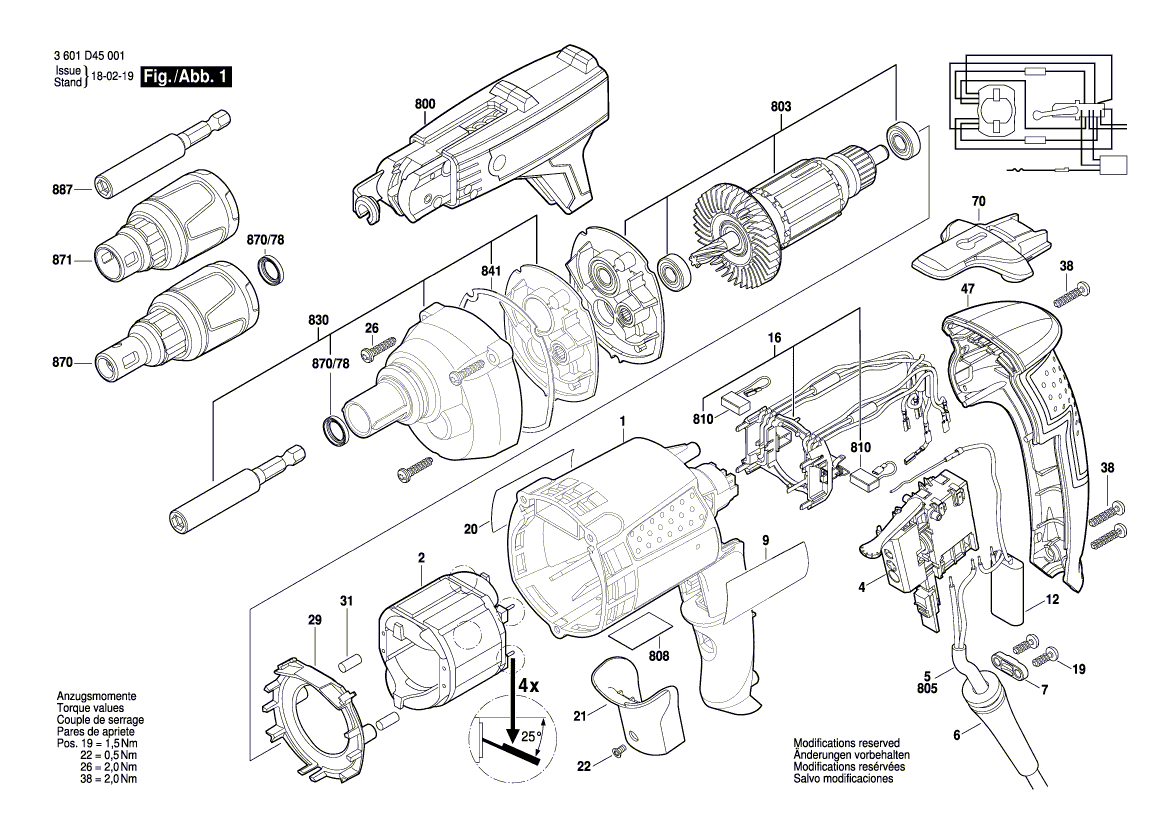 для дрели-шуруповерта Bosch GSR 6-25 TE 230 V 3601D45001, деталировка 1