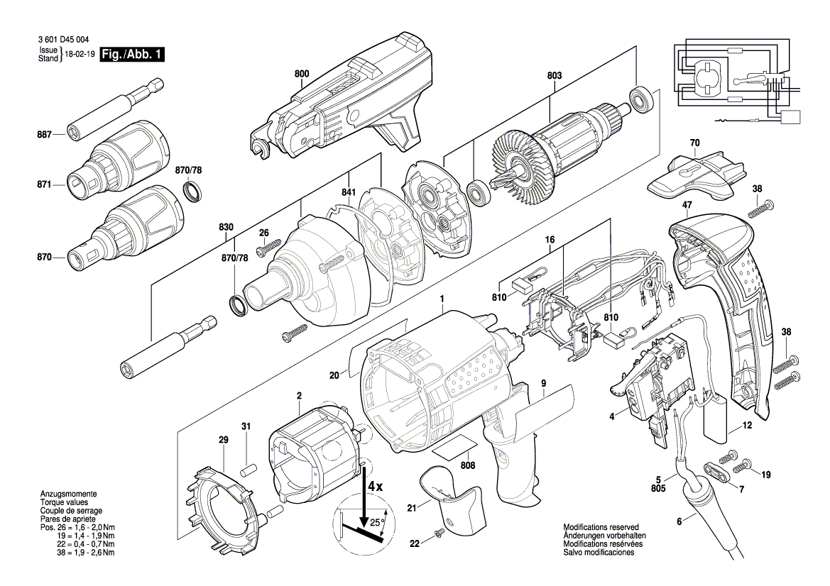 для дрели-шуруповерта Bosch GSR 6-25 TE 230 V 3601D45004, деталировка 1