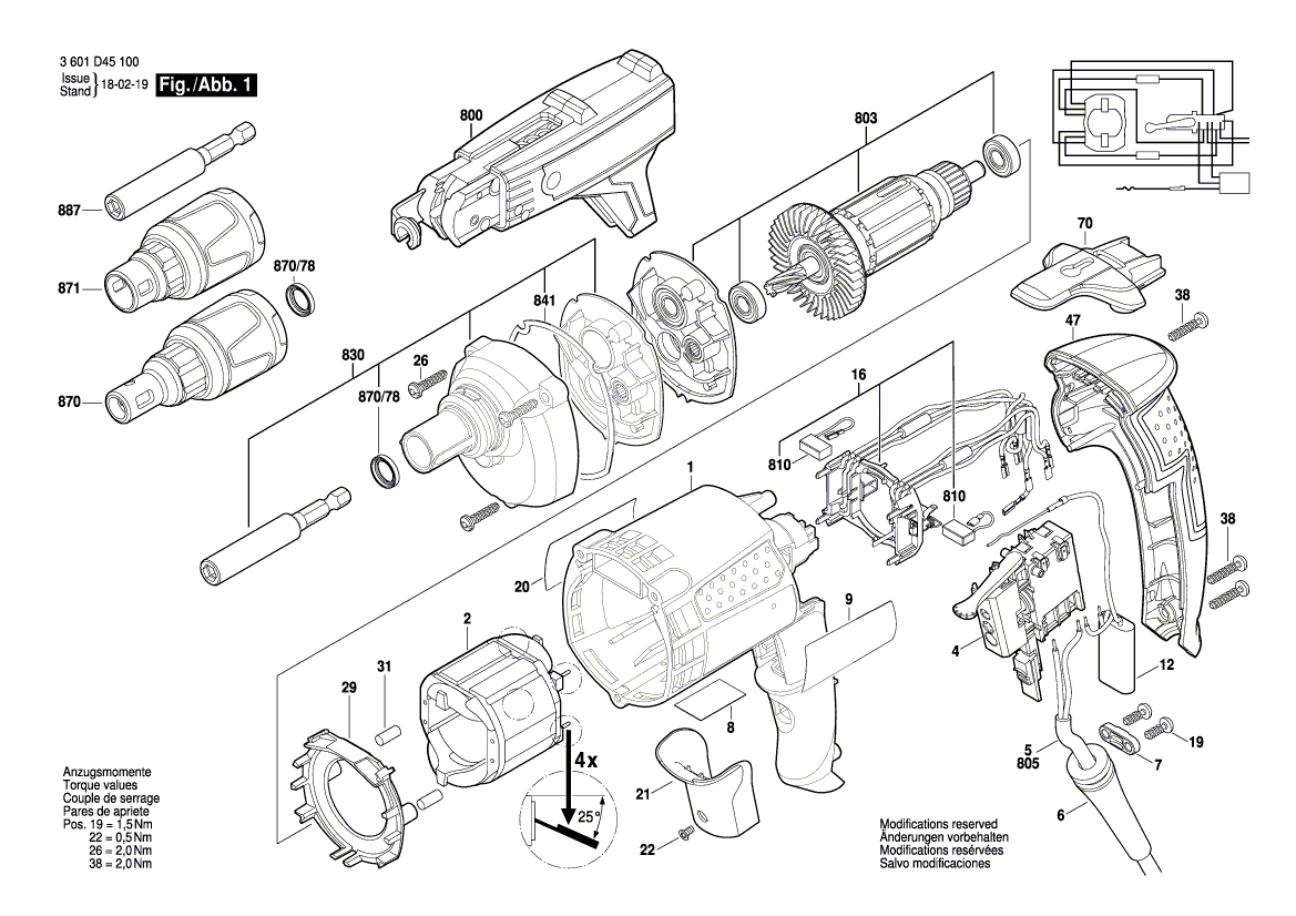 для дрели-шуруповерта Bosch GSR 6-45 TE 230 V 3601D45100, деталировка 1