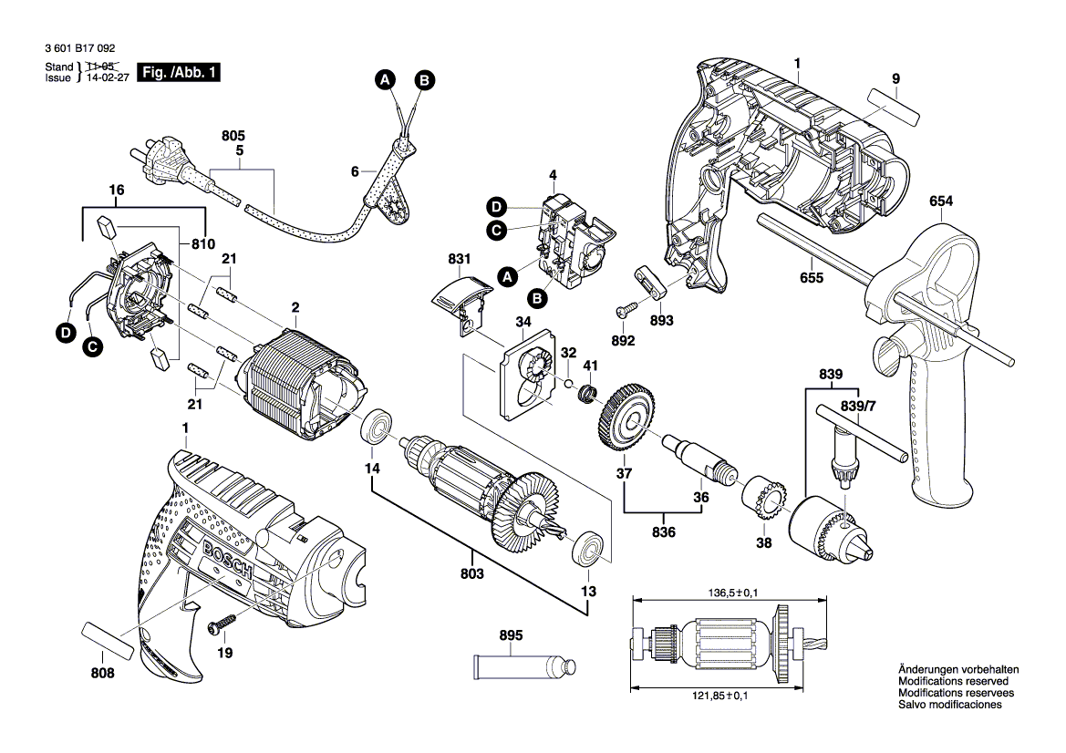 для ударной дрели Bosch GSB 13 230 V 3601B17092, деталировка 1