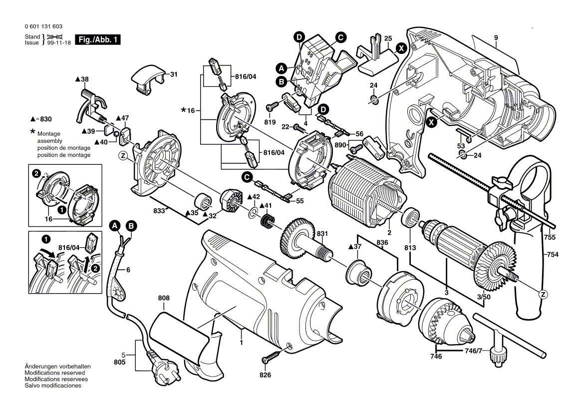 для ударной дрели Bosch GSB 13 RE 230 V 0601131603, деталировка 1