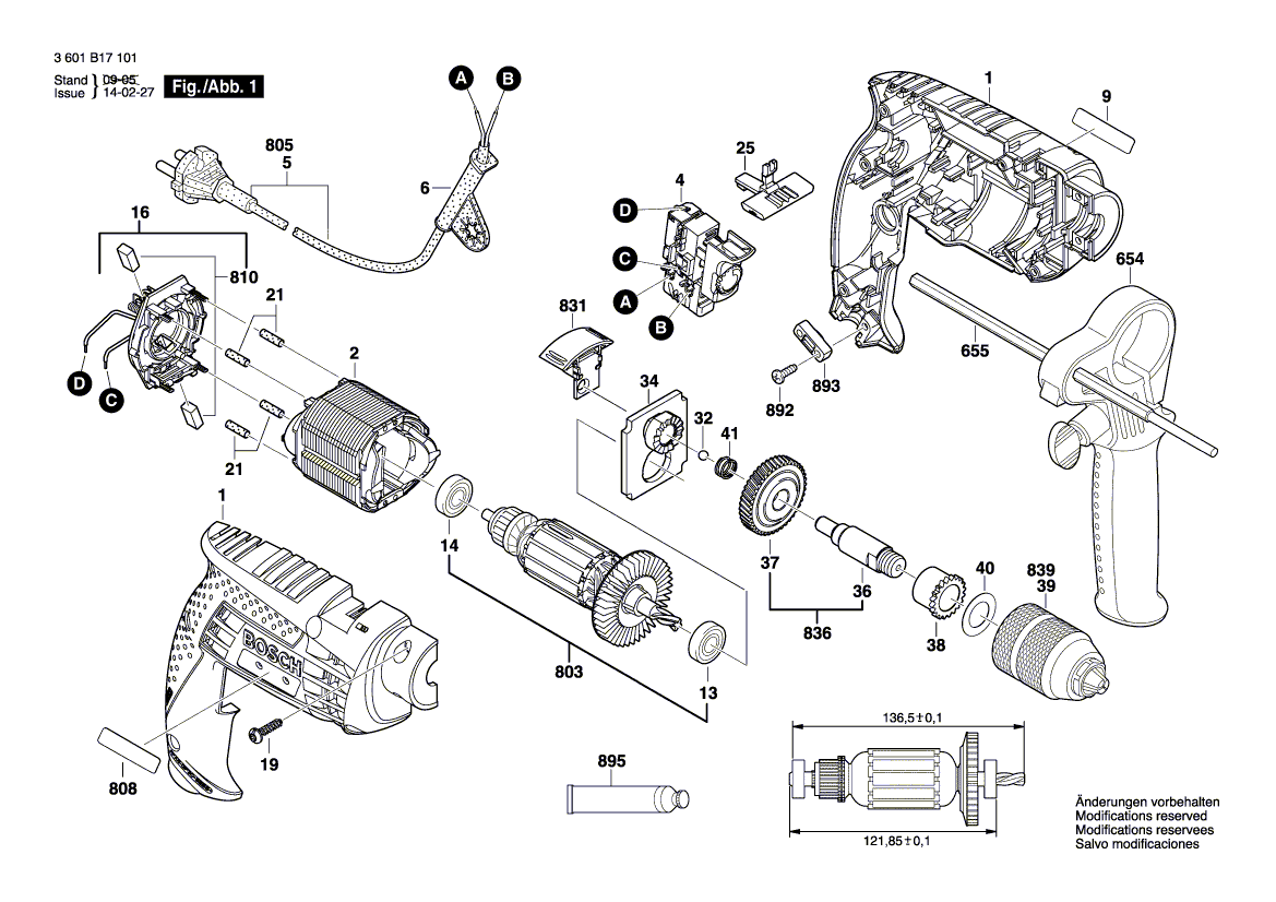 для ударной дрели Bosch GSB 13 RE 230 V 3601B17101, деталировка 1