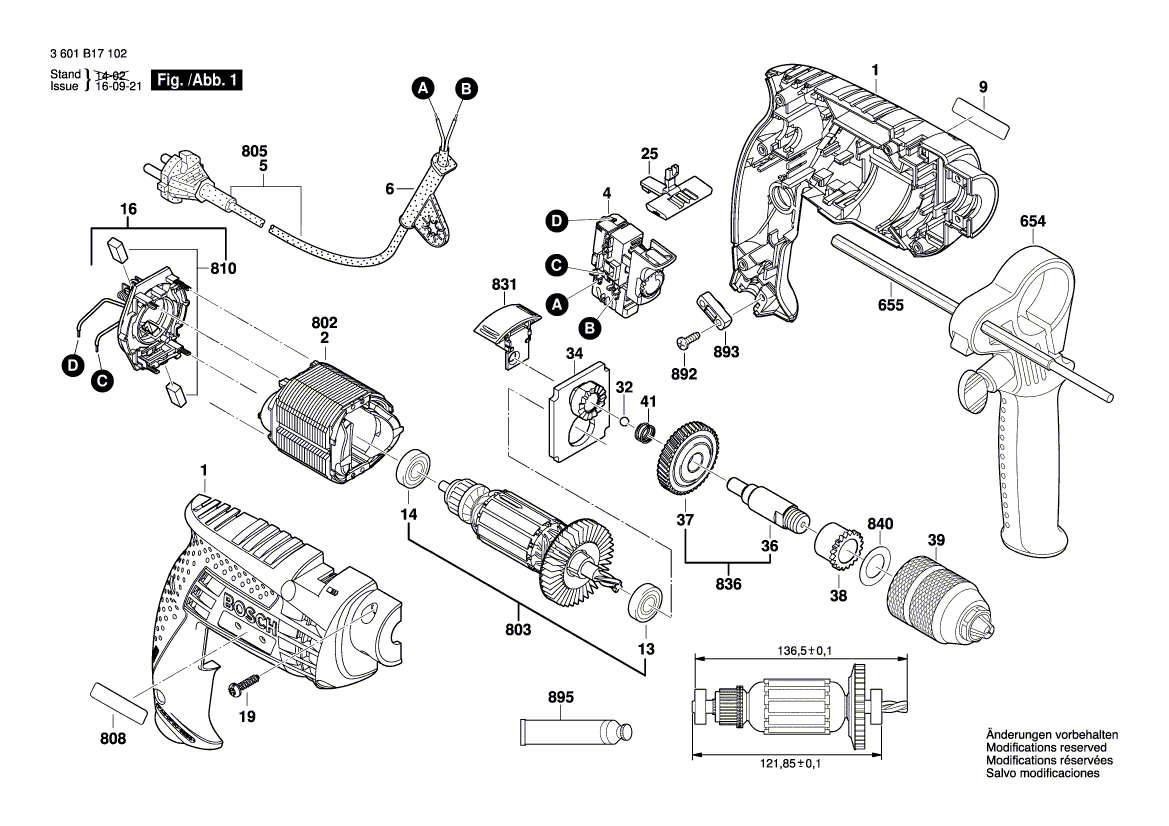 для ударной дрели Bosch GSB 13 RE 230 V 3601B17102, деталировка 1