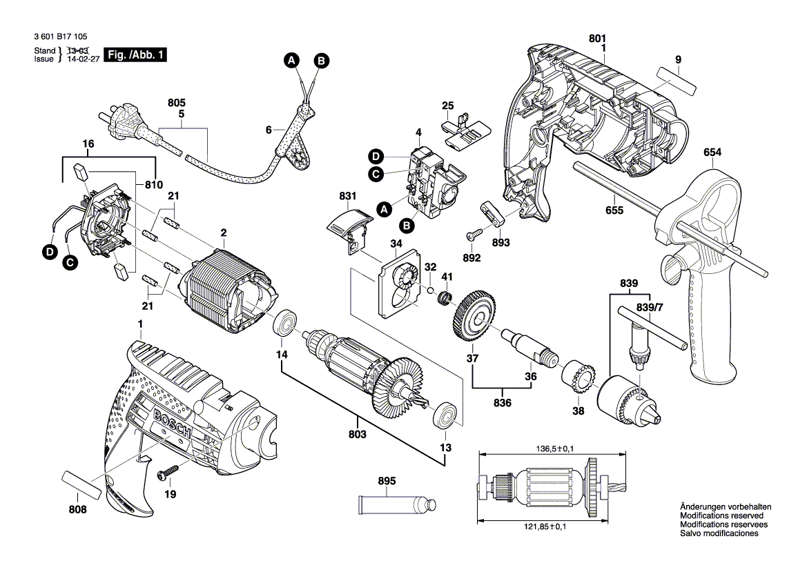 для ударной дрели Bosch GSB 13 RE 230 V 3601B17105, деталировка 1