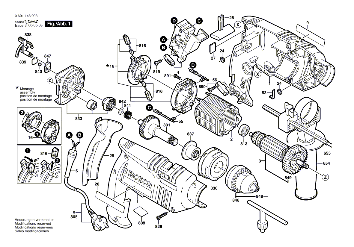 для ударной дрели Bosch GSB 16 230 V 0601148003, деталировка 1