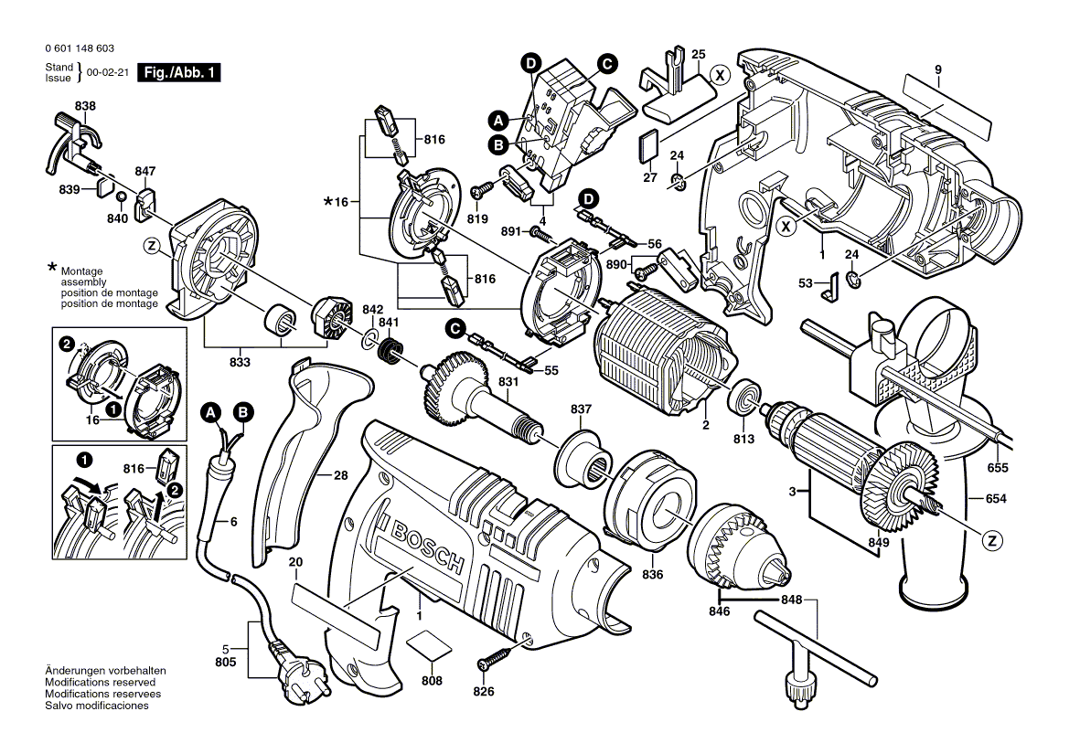 для ударной дрели Bosch GSB 16 RE 230 V 0601148603, деталировка 1