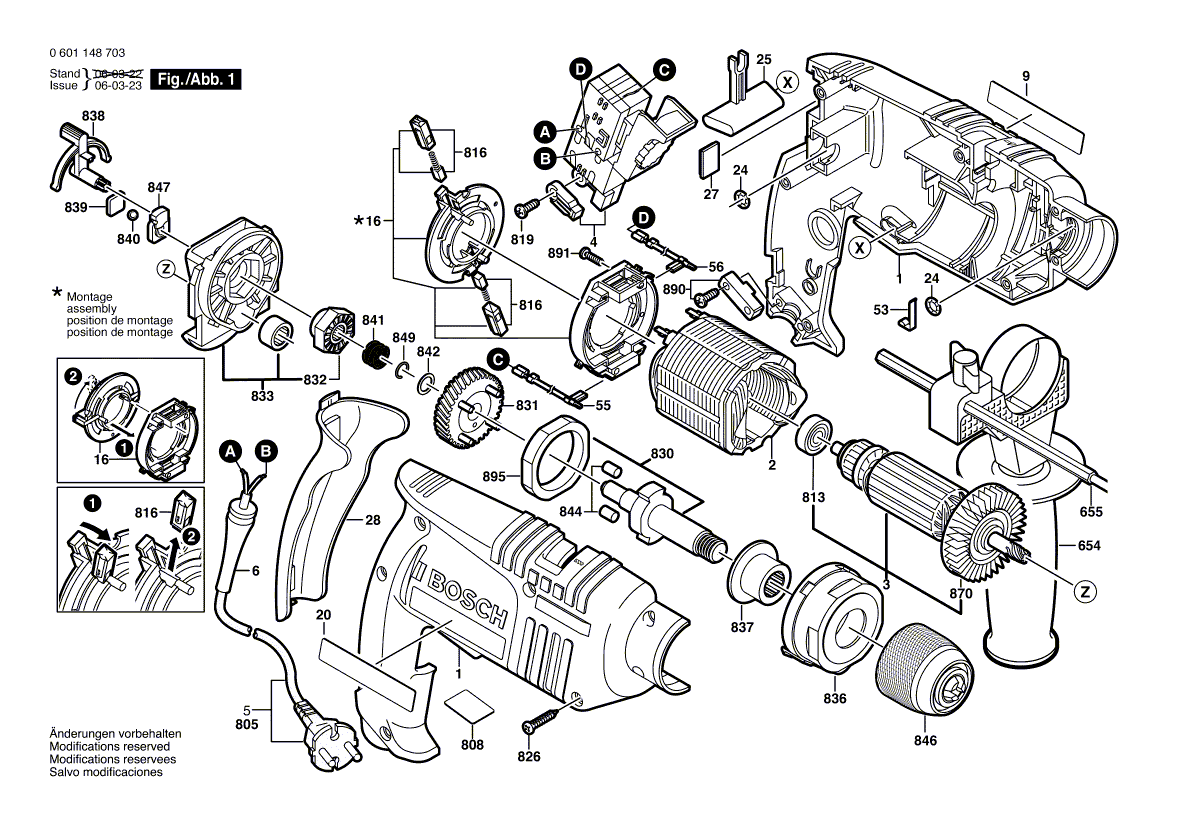 для ударной дрели Bosch GSB 16 RE 230 V 0601148703, деталировка 1