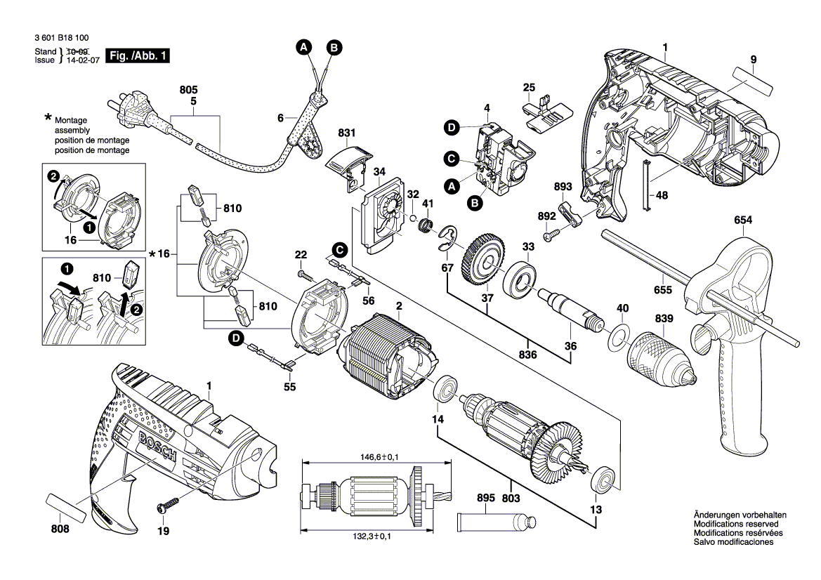 для ударной дрели Bosch GSB 1600 RE 230 V 3601B18100, деталировка 1