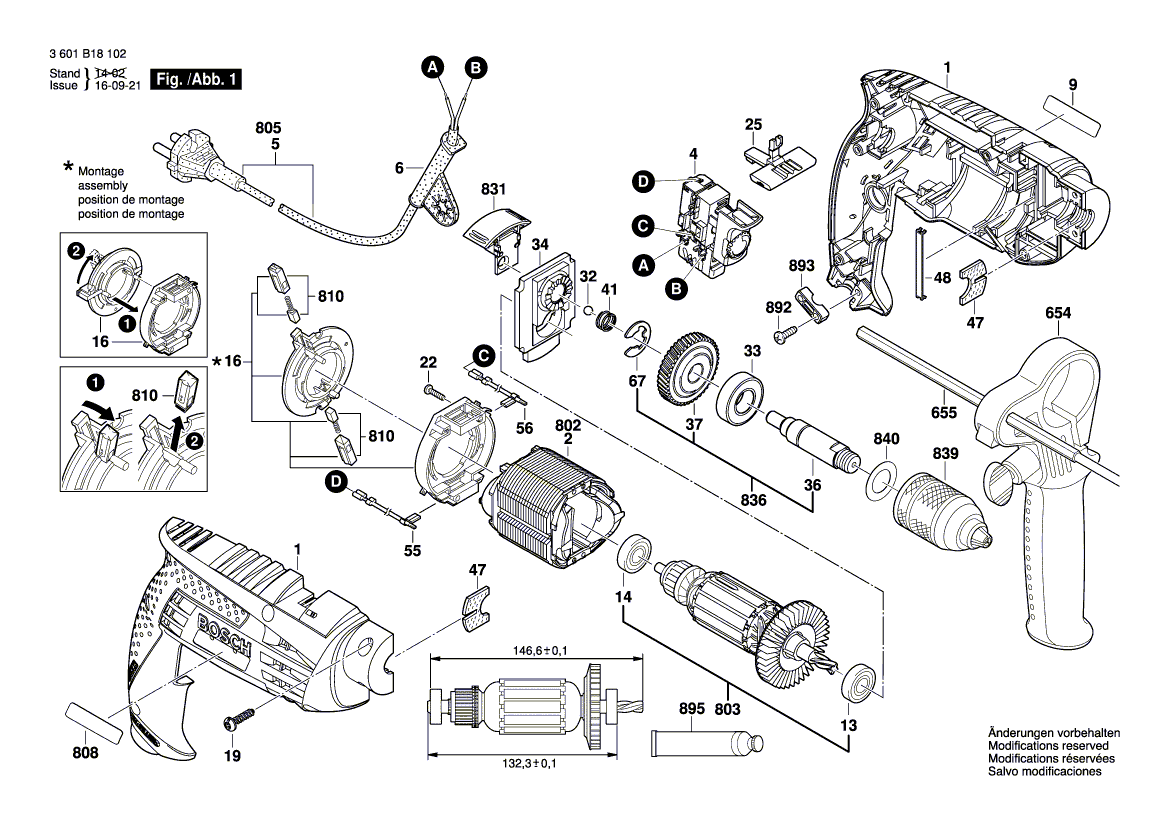 для ударной дрели Bosch GSB 1600 RE 230 V 3601B18102, деталировка 1