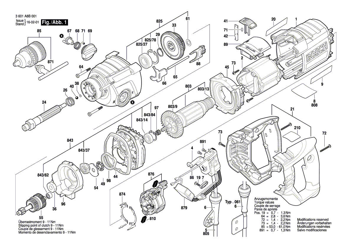 для ударной дрели Bosch GSB 162-2 RE 230 V 3601A8B002, деталировка 1