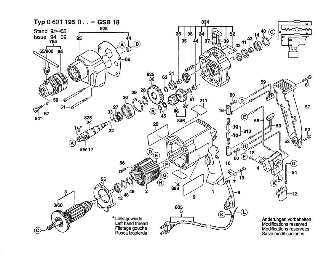 для ударной дрели Bosch GSB 18 230 V 0601195003, деталировка 1