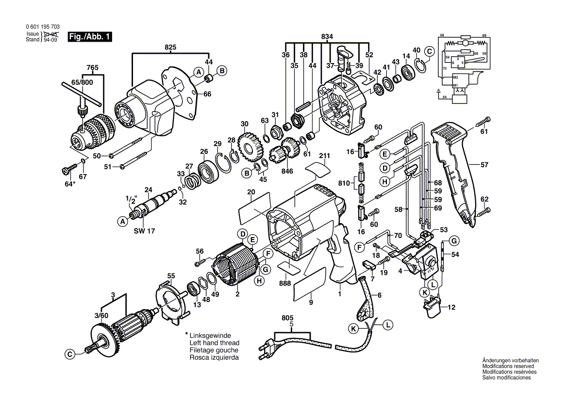 для ударной дрели Bosch GSB 18 RE 230 V 0601195703, деталировка 1