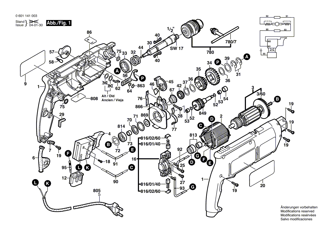 для ударной дрели Bosch GSB 18-2 230 V 0601141003, деталировка 1