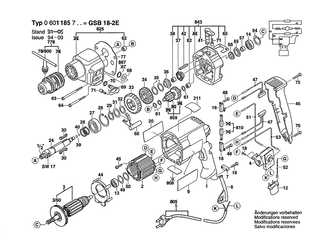 для ударной дрели Bosch GSB 18-2 E 230 V 0601185703, деталировка 1