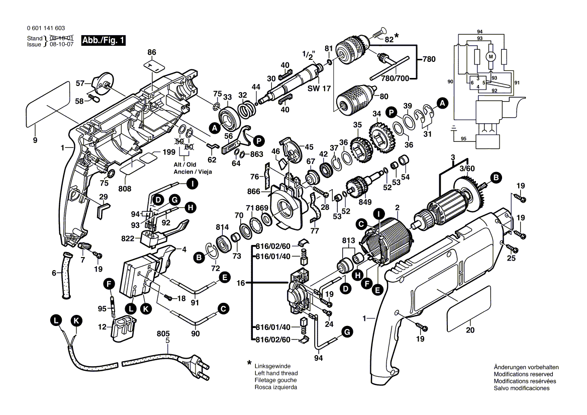 для ударной дрели Bosch GSB 18-2 RE 230 V 0601141670, деталировка 1