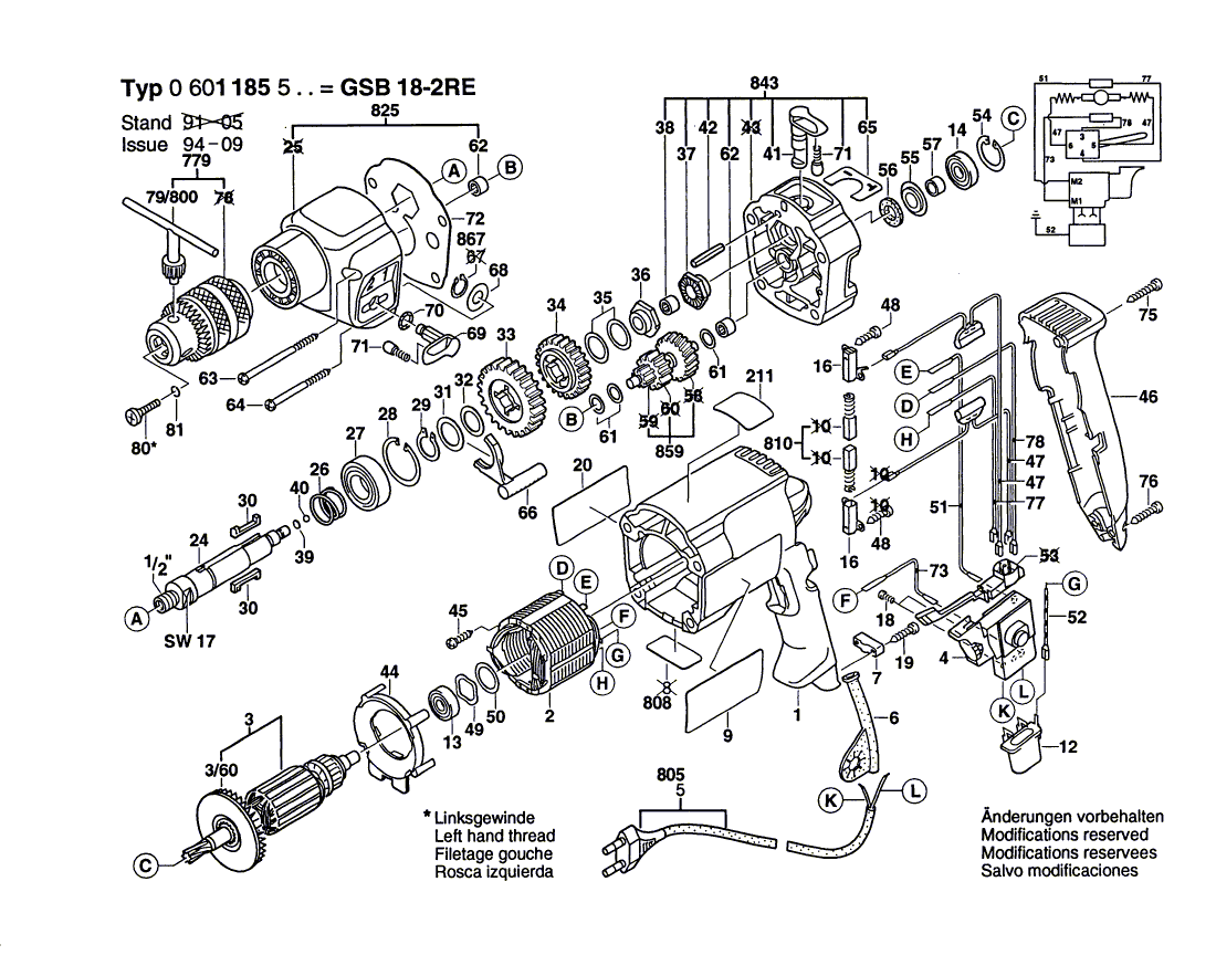 для ударной дрели Bosch GSB 18-2 RE 230 V 0601185503, деталировка 1