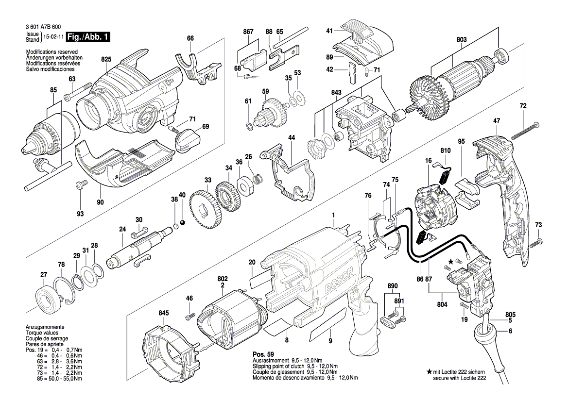 для ударной дрели Bosch GSB 19-2 RE 230 V 3601A7B600, деталировка 1