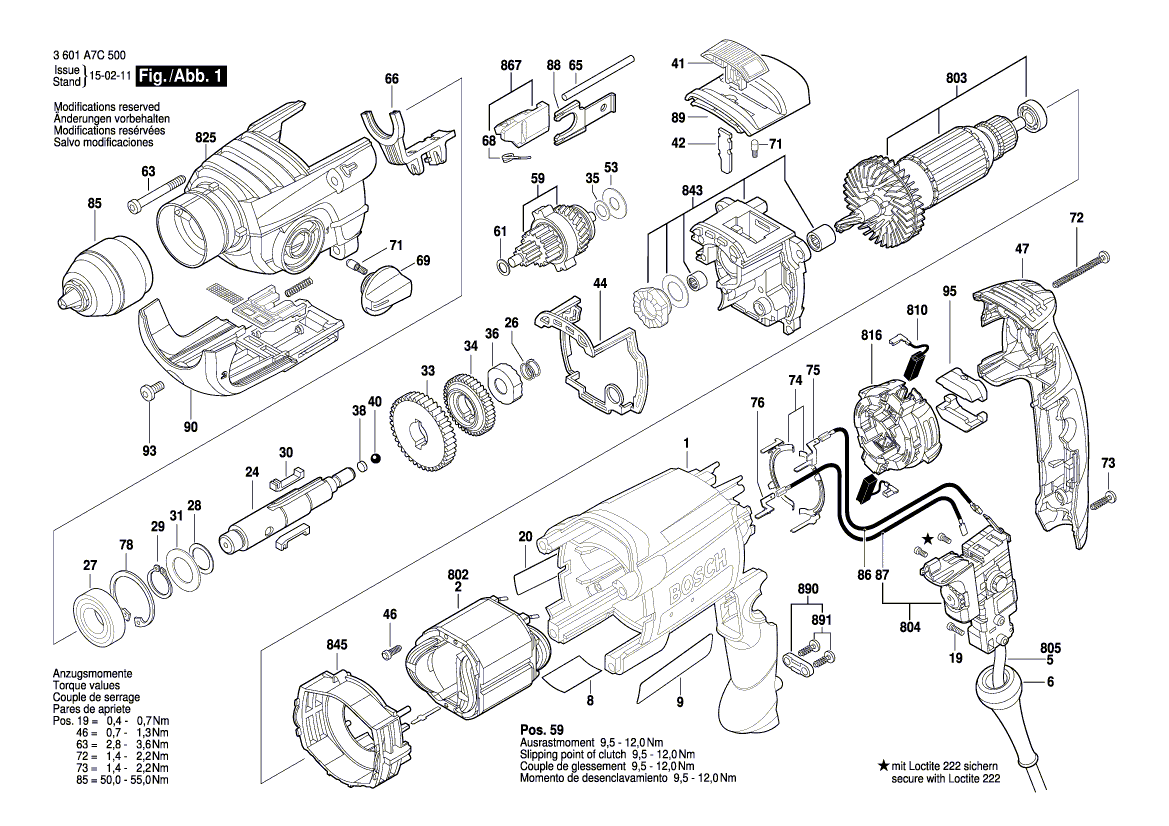 для ударной дрели Bosch GSB 19-2 REA 230 V 3601A7C500, деталировка 1