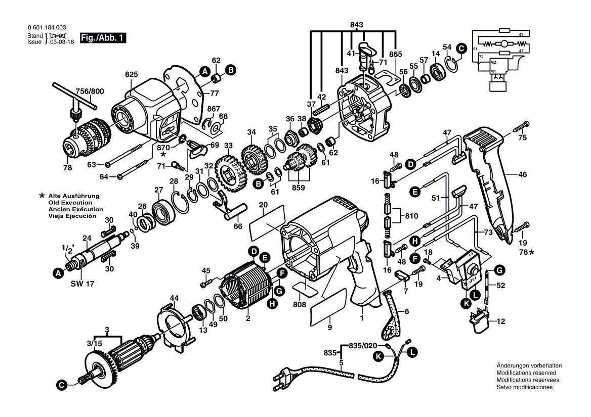 для ударной дрели Bosch GSB 20-2 230 V 0601184003, деталировка 1