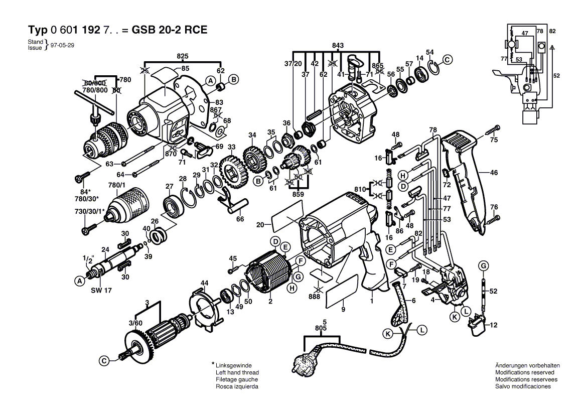 для ударной дрели Bosch GSB 20-2 RCE 230 V 0601192703, деталировка 1