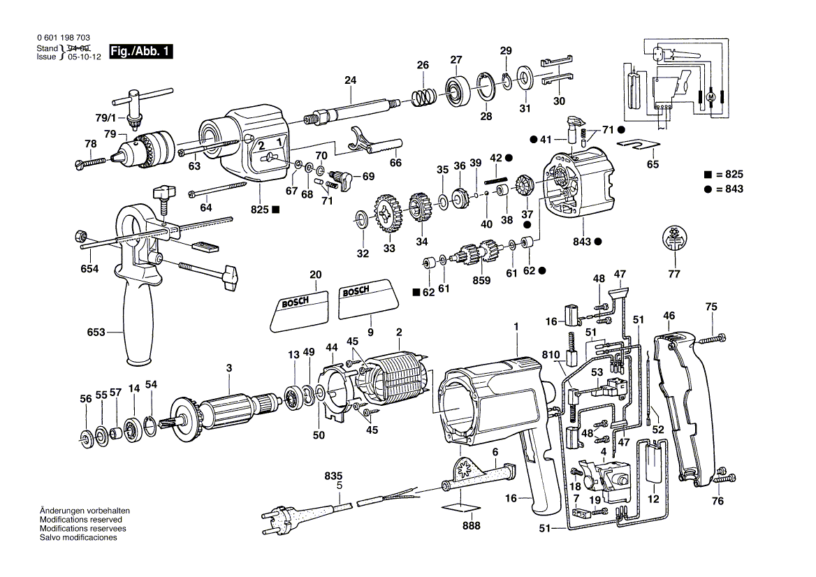 для ударной дрели Bosch GSB 20-2 RE 220 V 0601198703, деталировка 1