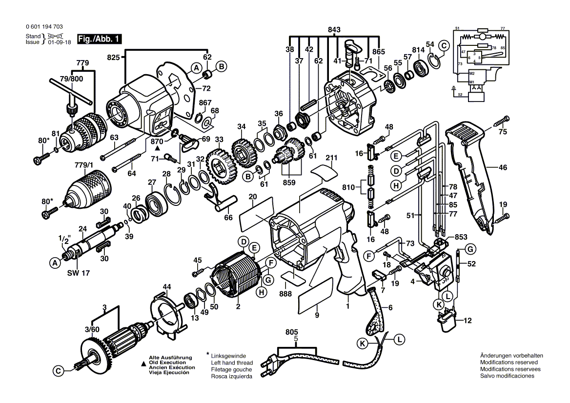 для ударной дрели Bosch GSB 20-2 RE 230 V 0601194790, деталировка 1