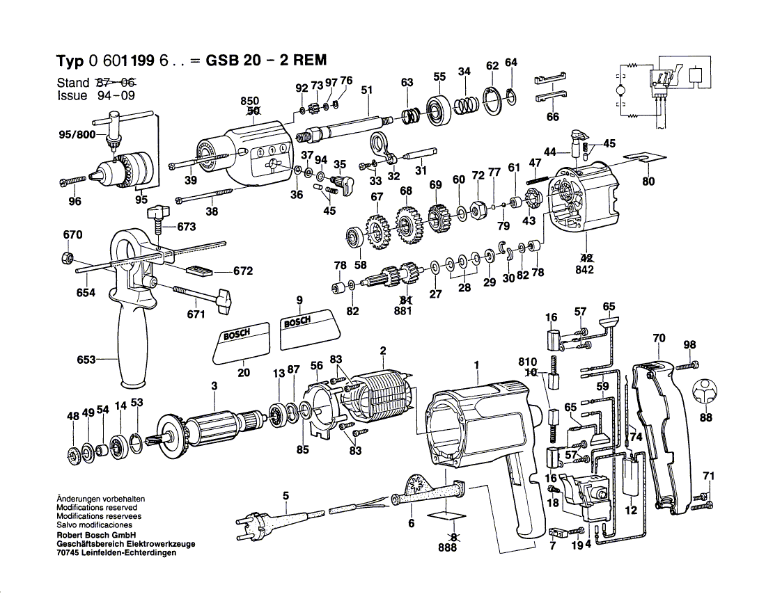 для ударной дрели Bosch GSB 20-2 REM 220 V 0601199603, деталировка 1