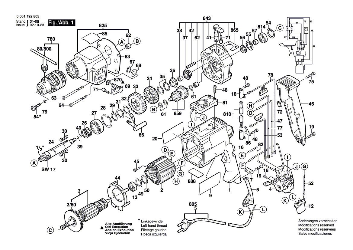 для ударной дрели Bosch GSB 20-2 RET 230 V 0601192803, деталировка 1