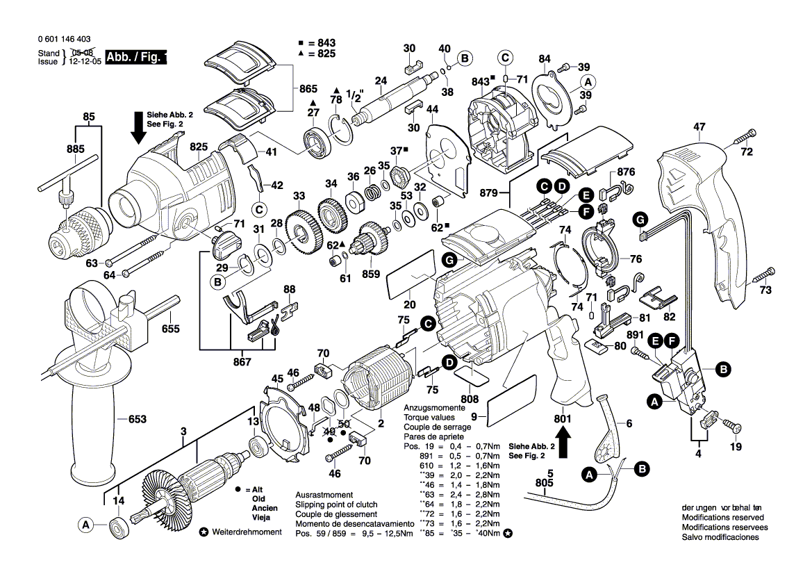 для ударной дрели Bosch GSB 22-2 RE 230 V 0601146403, деталировка 1