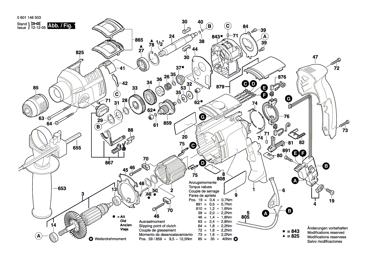 для ударной дрели Bosch GSB 22-2 RE 230 V 0601146503, деталировка 1