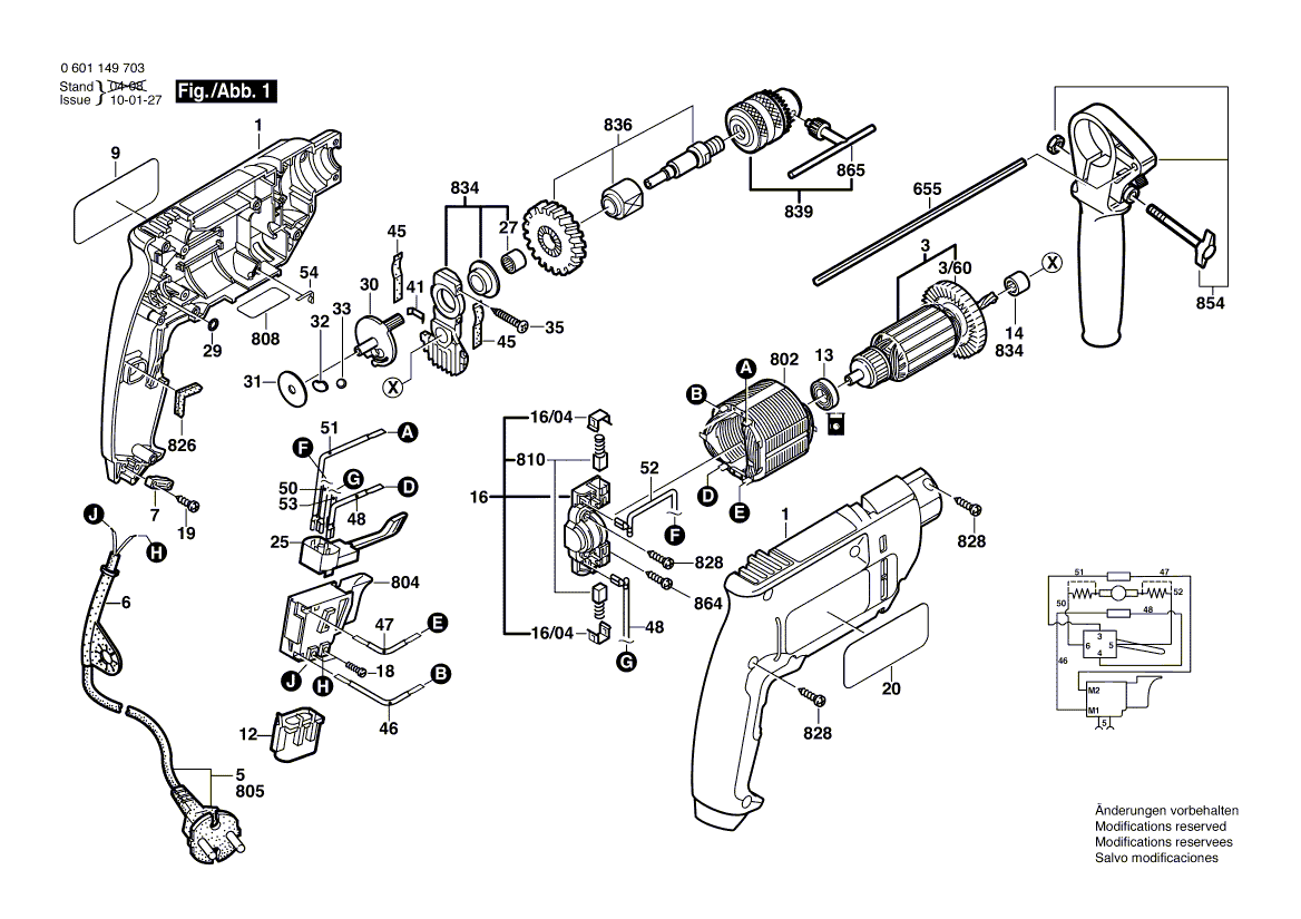 для ударной дрели Bosch GSB 450 RE 230 V 0601149703, деталировка 1