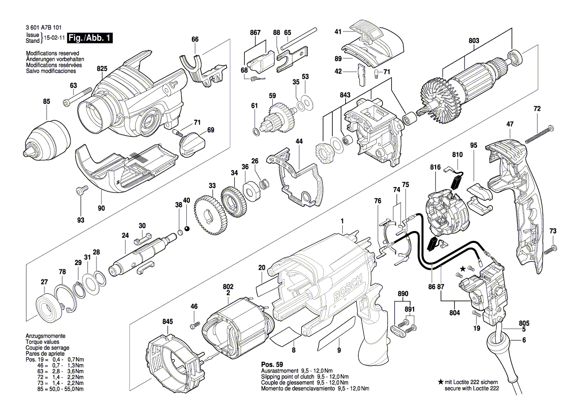 для ударной дрели Bosch GSB 780-2 RE 230 V 3601A7B101, деталировка 1