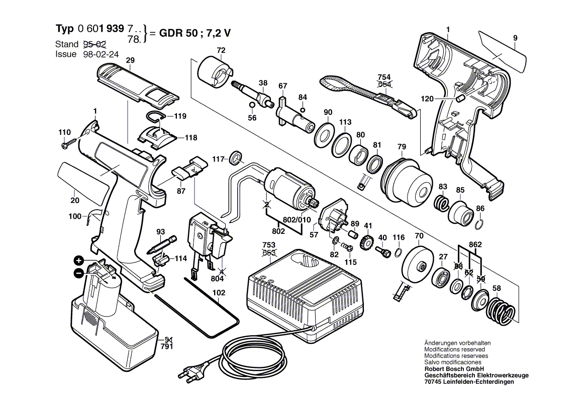 для аккумуляторного импульсного гайковерта Bosch GDR 50 7.2 V 0601939780, деталировка 1