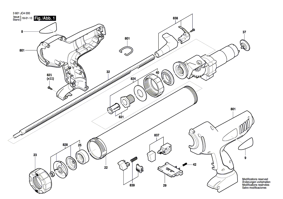 для клеевого пистолета Bosch GCG 18V-600 18 V 3601JC4000, деталировка 1