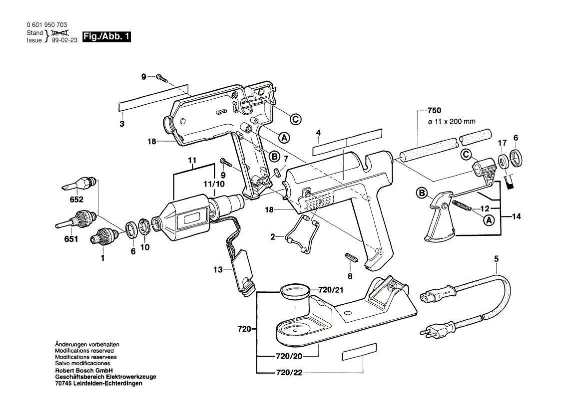 для клеевого пистолета Bosch GKP 200 CE 230 V 0601950703, деталировка 1