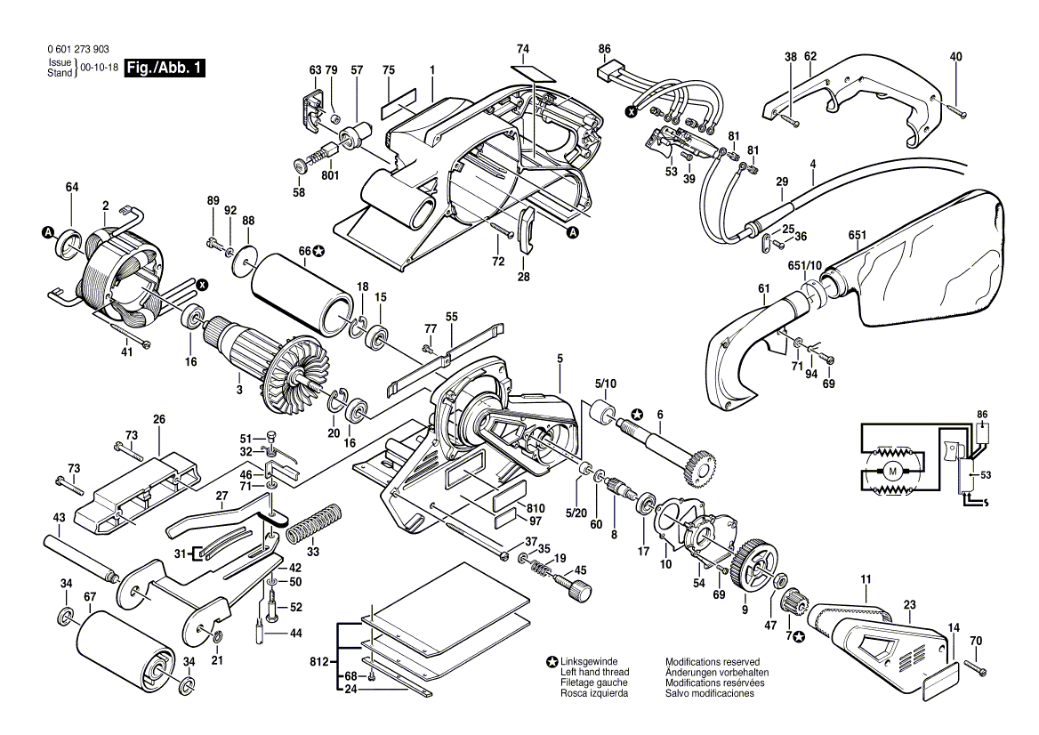 для ленточной шлифовальной машины Bosch GBS 100 A 220 V 0601273903, деталировка 1