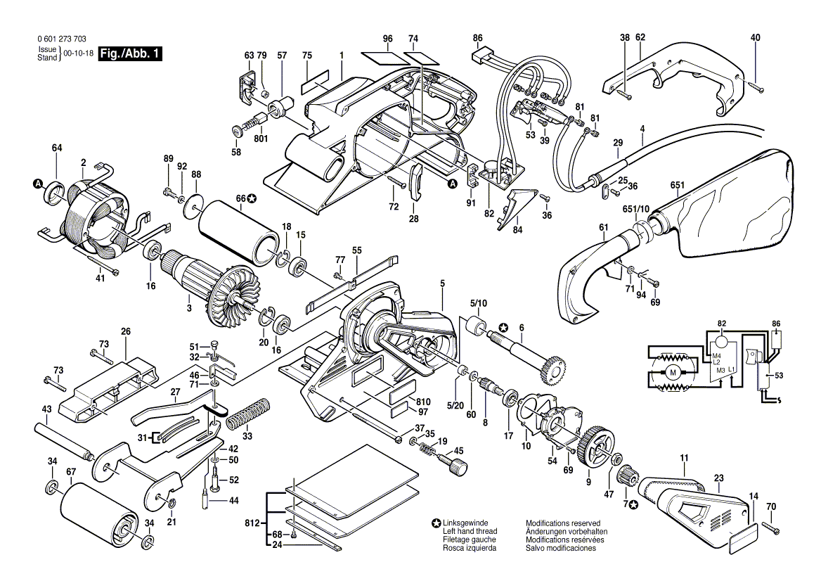 для ленточной шлифовальной машины Bosch GBS 100 AE 220 V 0601273703, деталировка 1