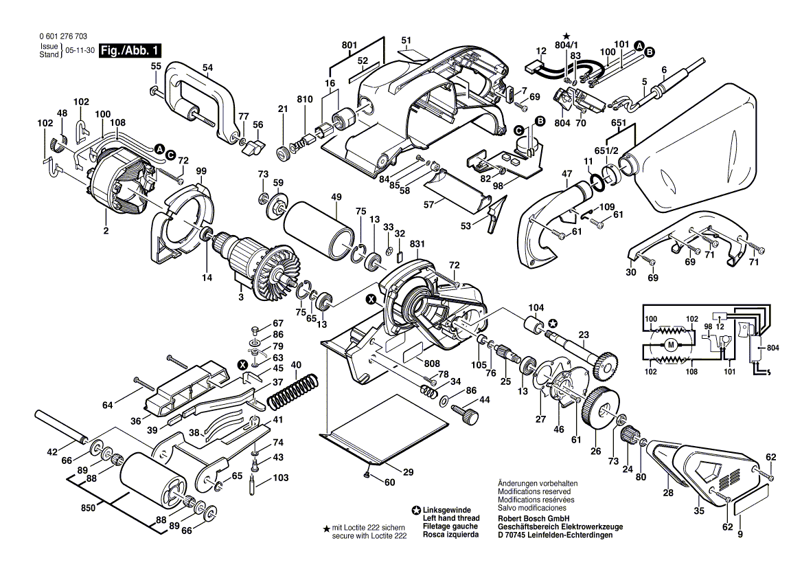 для ленточной шлифовальной машины Bosch GBS 100 AE 230 V 0601276703, деталировка 1