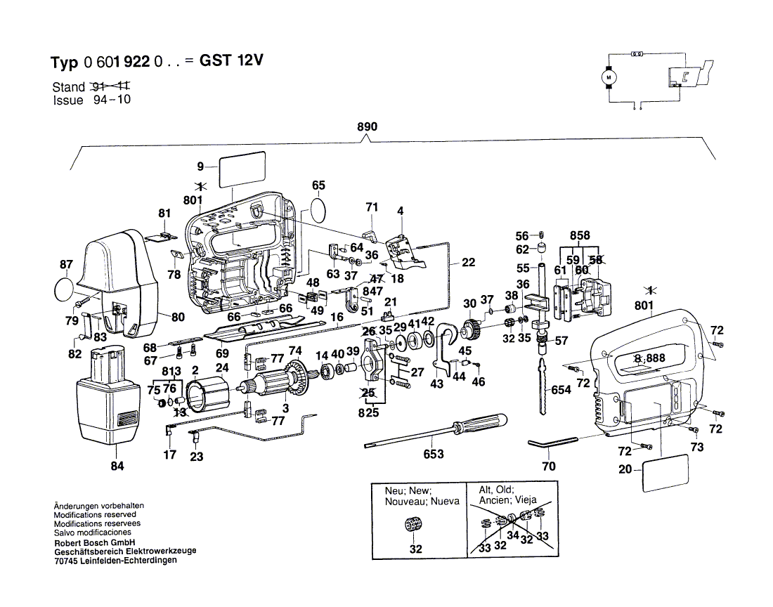 для аккумуляторной лобзиковой пилы Bosch GST 12 V 12 V 0601922003, деталировка 1