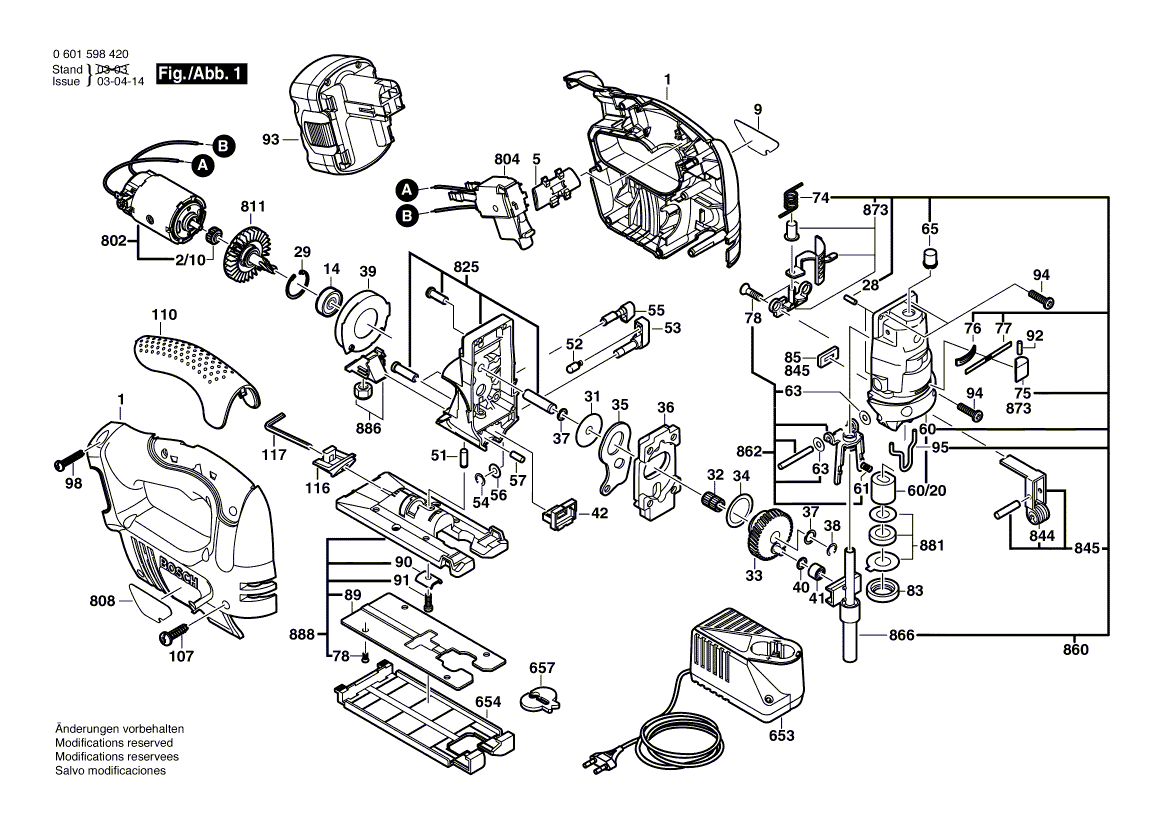 для аккумуляторной лобзиковой пилы Bosch GST 14,4 V 14.4 V 0601598420, деталировка 1