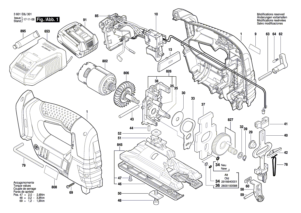 для аккумуляторной лобзиковой пилы Bosch GST 18 V-LI 18 V 3601E8J301, деталировка 1