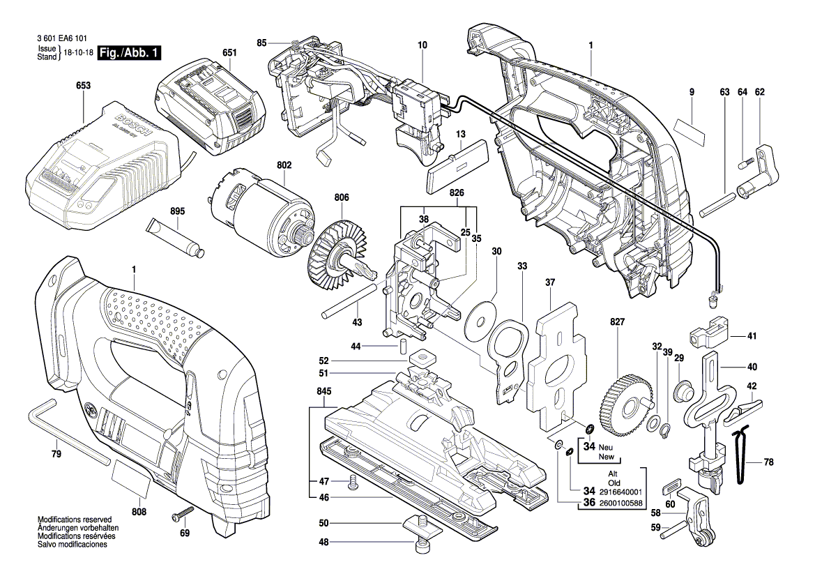 для аккумуляторной лобзиковой пилы Bosch GST 18 V-LI B 18 V 3601EA6101, деталировка 1