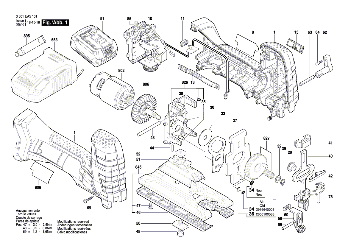 для аккумуляторной лобзиковой пилы Bosch GST 18 V-LI S 18 V 3601EA5101, деталировка 1