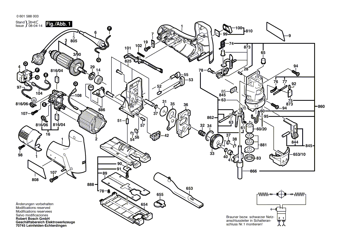 для электролобзика Bosch GST 100 230 V 0601588003, деталировка 1