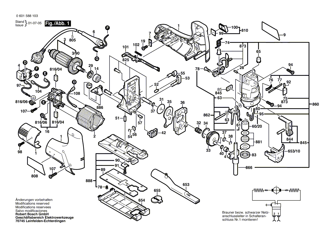 для электролобзика Bosch GST 100 230 V 0601588103, деталировка 1